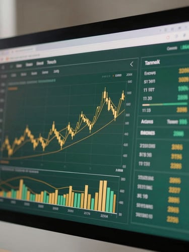 Close-up of a high-end digital interface showing financial analytics on a screen, clean workspace, dramatic side lighting, elegant corporate style