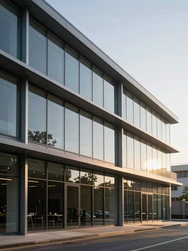 Straight-on architectural shot of a modern commercial facade with clean glass and steel lines under crisp morning light.