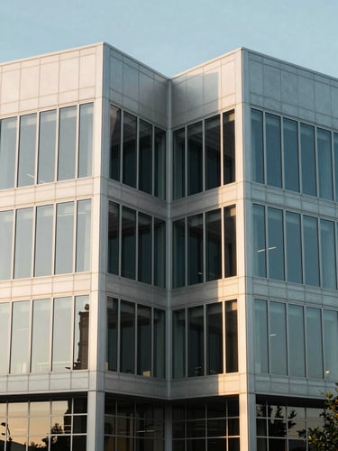 Symmetrical architectural photograph of a modern commercial office facade with clean steel and glass lines, soft morning light, Warrington Pennsylvania.