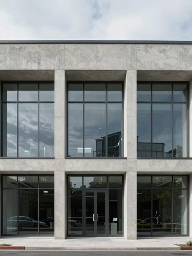 Straight-on architectural shot of a modern commercial facade, clean concrete and glass lines, soft overcast daylight.