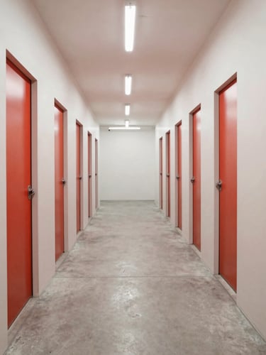 Bright architectural photography of a wide, clean self-storage corridor in Dubai, pristine concrete floor, bright overhead lighting, neutral tones with red accents, 35mm