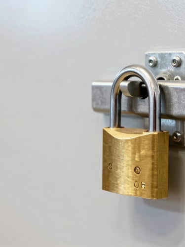 Close-up of a heavy-duty brass padlock securing a metal storage unit latch, pristine steel door surface, bright indoor lighting, sharp focus on the lock mechanism, architectural 35mm.
