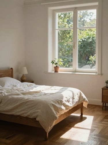 Softly lit single room interior, a wooden bed with cream linen near a wide window, afternoon sunlight falling across a parquet floor, a small potted plant on the windowsill, garden greenery visible outside