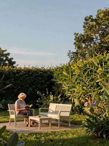 Wide environmental shot of a sunlit care home garden in Munich, an elderly woman seated on a bench reading a book in the left third, warm golden-hour light falling across cream-coloured outdoor furniture, lush green hedges framing the right side, generous open sky above