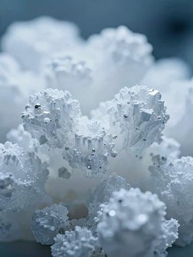 Macro close-up of crystalline chemical structures under high-contrast blue and sterile white laboratory lighting, sharp depth of field.