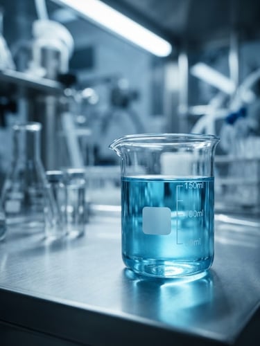 Macro photograph of sterile clinical blue laboratory glass, backlit glass beakers with high-contrast shadows, cleanroom environment, cinematic depth of field.