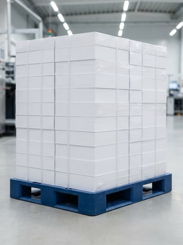 Crisp industrial product photography of high-brightness paper reams stacked neatly on a manufacturing pallet, bright clean studio lighting, high-contrast white and blue tones, sharp details, 35mm