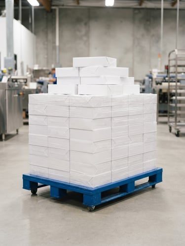 Crisp industrial product photography of stacked high-brightness A4 paper reams on a clean blue steel factory pallet, bright studio lighting, 35mm