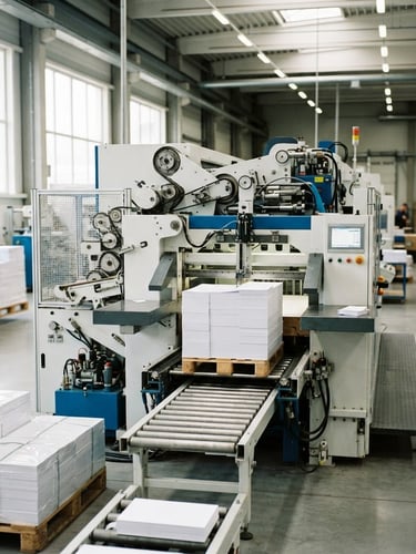 Wide shot of a modern high-speed industrial paper cutting machine in a brightly lit factory, stacked reams of white paper, crisp daylight, 35mm photography