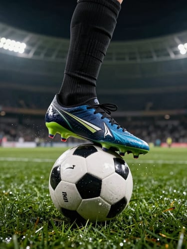 Close-up of football boots hitting the ball on wet grass, high contrast floodlights, shallow depth of field, sharp action freeze-frame.