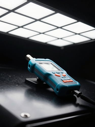 A digital coating thickness gauge resting on a flawless black vehicle panel under bright overhead LED inspection grids, high-contrast studio lighting.