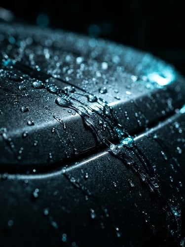 Macro close-up of water beads rolling off a deep charcoal metallic car hood, dramatic rim lighting, sharp cyan reflections, 35mm lens.
