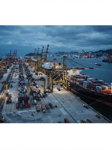 Wide panoramic environmental shot of a modern cargo shipping port at dusk, massive blue container ships docked, cool overcast lighting, sharp architectural focus, 35mm lens.