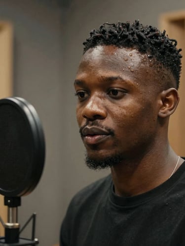 Cinematic medium close-up of a young Nigerian creator in a professional soundproof recording studio, warm gold rim lighting, Lagos urban aesthetic, high-production depth