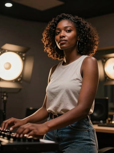 Dynamic low-angle shot of an African female creator in a high-production recording studio, warm gold rim lights, dramatic low-key lighting.