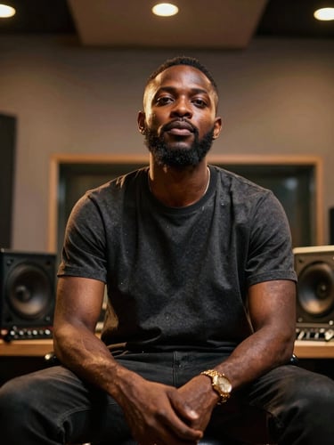 Dynamic low-angle portrait of a professional creator in a Lagos recording studio with warm gold rim lighting, cinematic framing.