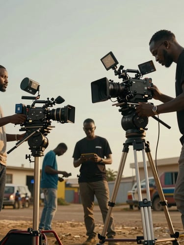 Dynamic low-angle shot of a high-production film set in Lagos, warm gold rim lighting highlighting professional cameras and focused crew members.