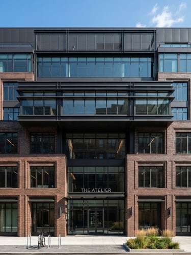 Straight-on architectural photography of a modern brick and steel commercial building facade, crisp natural daylight, sharp shadows, blue sky
