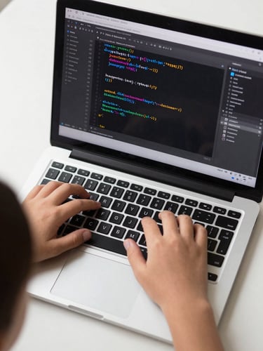 Close-up overhead flat-lay of a child's hands on a laptop keyboard, screen showing a Python script mid-edit with visible syntax highlighting, bright studio daylight, no finished product visible