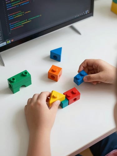 Close-up overhead flat-lay of a child's hands assembling colorful snap-together logic blocks on a bright white desk, natural daylight, code visible on a screen in the upper corner, mid-build process