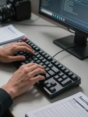Close-up of hands at a mechanical keyboard, a terminal window open on a dark monitor, overhead office lighting casting sharp shadows across the desk surface, cables and a security audit notebook visible in frame