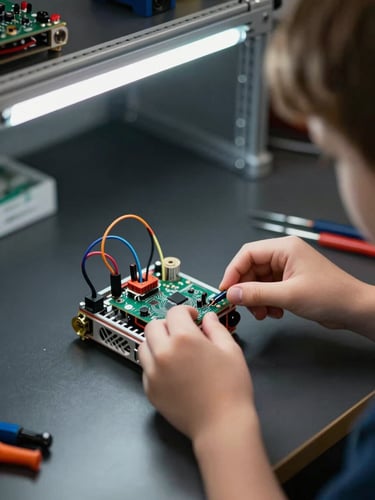 Close-up of a young child's hands assembling a small robotics kit on a dark lab bench, cool LED strip light illuminating circuit boards and colourful wires, tools visible at frame edge, focus on fingers connecting components