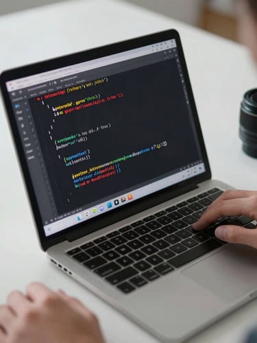 Close-up overhead shot of a laptop screen displaying Python code mid-build — visible function definitions, a loop, and a syntax error in red — on a bright studio-lit desk, hands just off-frame
