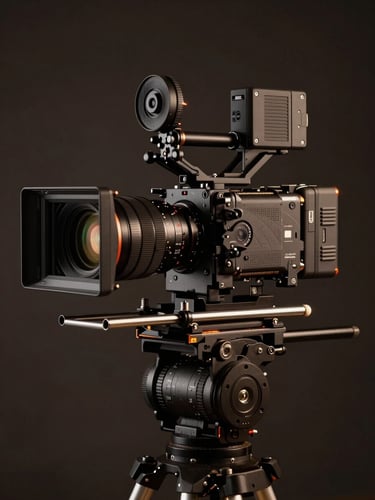 A high-end cinema camera mounted on a professional studio rig, dramatic low-key lighting with subtle amber highlights, dark studio background.