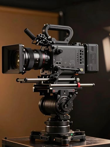 A professional cinema camera mounted on a heavy stabilizing gimbal, dramatic key lighting, dark studio background with amber accents