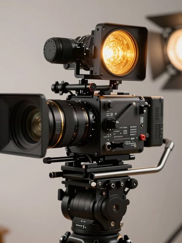Close-up of a high-end cinema camera on a stabilizer rig, glowing amber tally light, soft studio background, dramatic key lighting