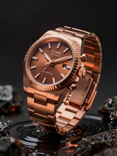 A hyper-realistic 3D CGI render of a luxury watch floating in a dark liquid obsidian environment, dramatic orange key light highlighting metallic textures