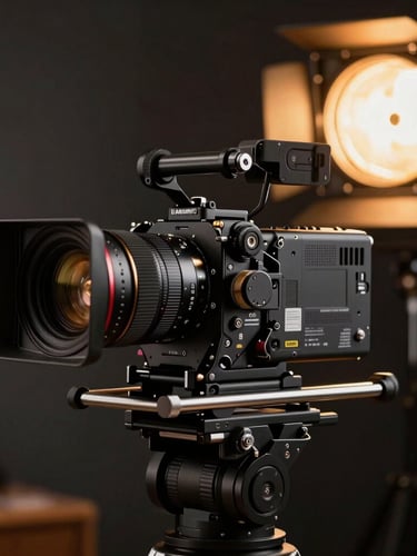 A close-up of a high-end cinema camera rigged on a stabilizer, dramatic amber tally light glowing in a dark, atmospheric studio setting.