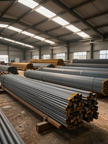 Wide warehouse interior shot, rows of bundled TMT steel bars on ground-level racks extending into the distance, raking natural daylight through high corrugated skylights, warm dusty air, inventory scale visible