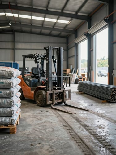 Wide warehouse interior shot from the loading bay, forklift tracks on concrete floor, pallets of cement bags and bundled steel bars receding into the background, natural daylight from open bay doors on the right, no people visible