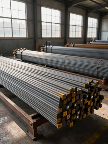 Wide-angle warehouse interior, natural daylight streaming through high windows, rows of TMT steel bars stacked on heavy-duty racking receding into the background, grade markings visible on bar ends in the foreground, no people