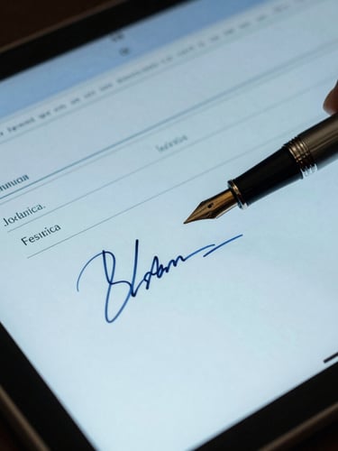 Close-up of a secure tablet screen displaying a digital signature field next to a luxury fountain pen, cool blue tones