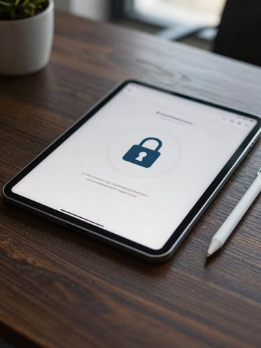 A modern tablet displaying a secure digital signature interface on a dark wooden desk, cool office daylight, sharp focus on the stylus pen resting beside the screen.