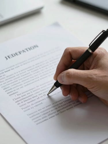 Close-up of a professional hand signing a legal document on high-grade bond paper, clean office lighting, focused composition.