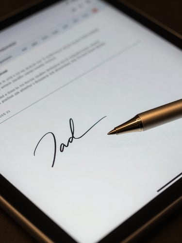Macro detail of a secure tablet displaying a digital signature field with a gold stylus resting nearby, cool professional lighting, high contrast
