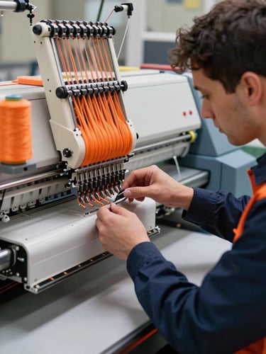 An experienced technician monitoring an industrial multi-head embroidery machine, sharp focus on moving needles and vibrant orange thread, industrial workshop