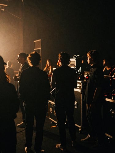 Moody backstage atmosphere, low-key concert lighting, silhouettes of artists near gear with electric amber light leaks, 35mm film grain