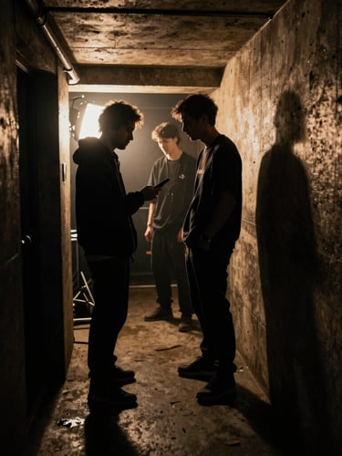 Atmospheric shot of an artist backstage in a dark, concrete corridor, dramatic amber backlighting, high contrast, gritty editorial photography.