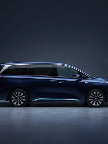Sleek side profile of the MAXUS MIFA 9 luxury electric MPV, dramatic low-key studio lighting with subtle electric blue highlights on the obsidian body, cinematic 35mm
