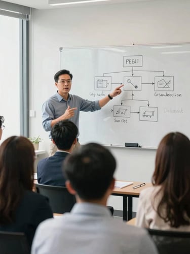 Wide-angle corporate training environment, professional sales trainer pointing at a whiteboard with retail distribution diagrams, active hand gestures, Indonesian corporate audience listening, bright natural office daylight, clean modern editorial style.