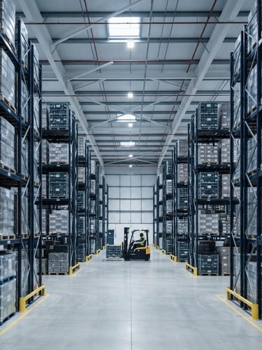 Wide, clean shot of a modern, well-organized industrial warehouse interior with high shelving, neatly stacked pallets, and a forklift in the background, cool neutral lighting, sharp focus.