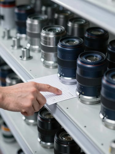 Close-up of industrial hardware components neatly organized on a shelf in a modern warehouse, with a professional's hand pointing to an item on a manifest. Cool, crisp lighting.