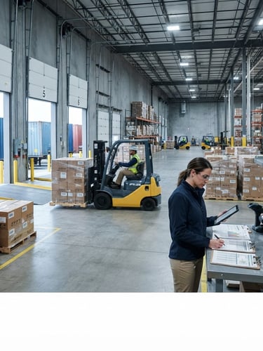 Wide shot of a clean, organized warehouse loading dock with neatly stacked shipping pallets, a forklift moving inventory, and a supply chain professional reviewing manifests. Cool, neutral industrial lighting.