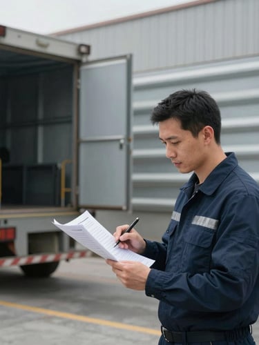 Supply chain professional reviewing manifests on a loading dock, crisp industrial photography, cool neutral warehouse lighting, desaturated steel and navy tones, sharp focus, 35mm architectural lens, wide shot