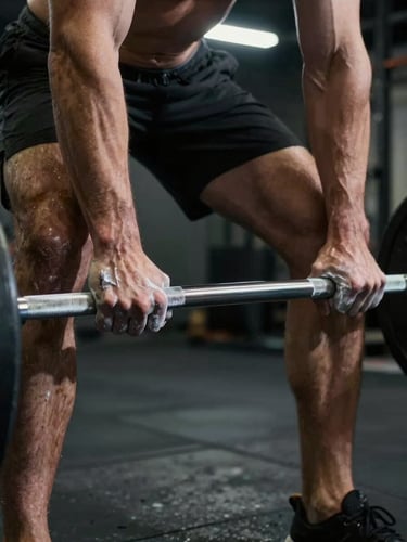 Close-up panoramic shot of a male athlete's hands chalked and gripping a steel barbell inside a dark gym, cool strobe light from above casting sharp contrast across knuckles and iron, concrete floor below, no face visible, abstract athletic geometry