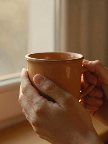 Candid medium close-up of hands wrapping around a warm terracotta mug, soft golden-hour window light, rich organic tones, 35mm film aesthetic.